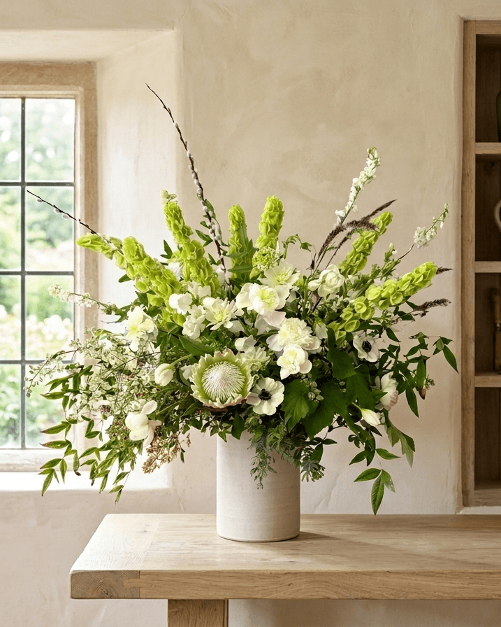 Memorial flowers in soft whites and greens for celebration of life services in Carmel, Pebble Beach, Monterey, and Pacific Grove.
